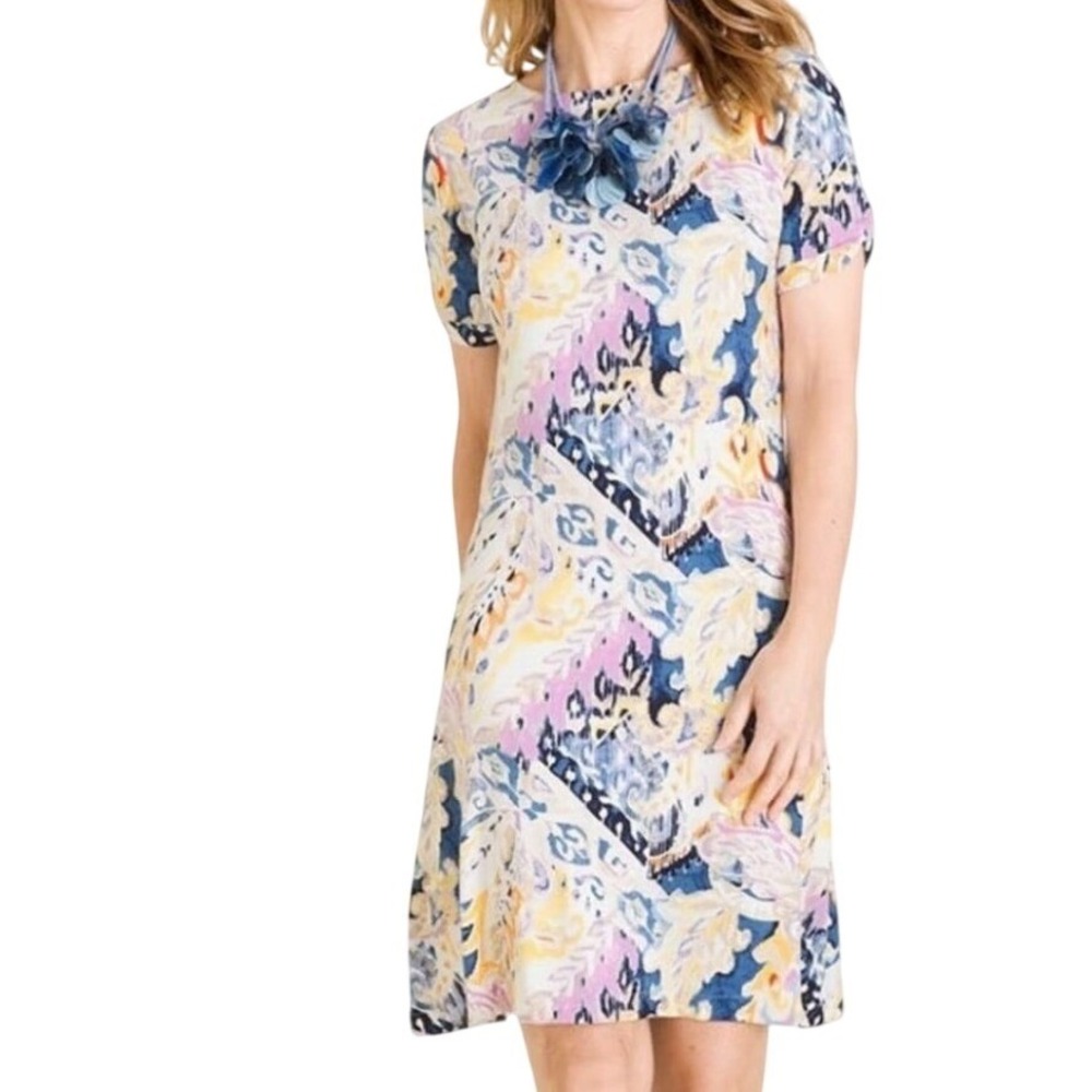 Chicos Floral Twist Sleeve Stretch Jersey Dress Blue Yellow Pink XL momcore